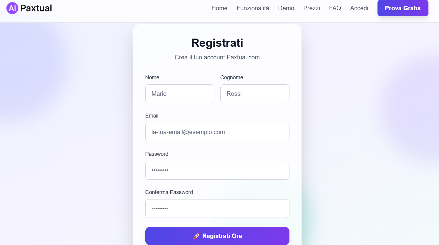 Form di registrazione Paxtual