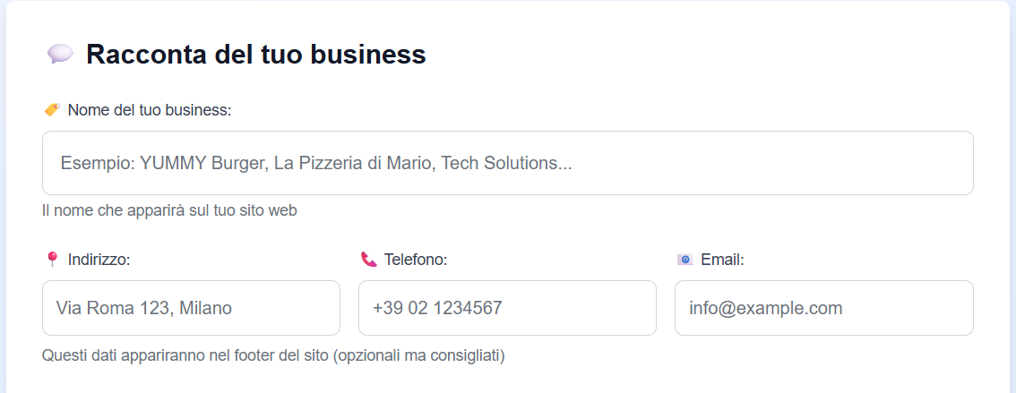 Campi contatto: indirizzo, telefono, email, P.IVA