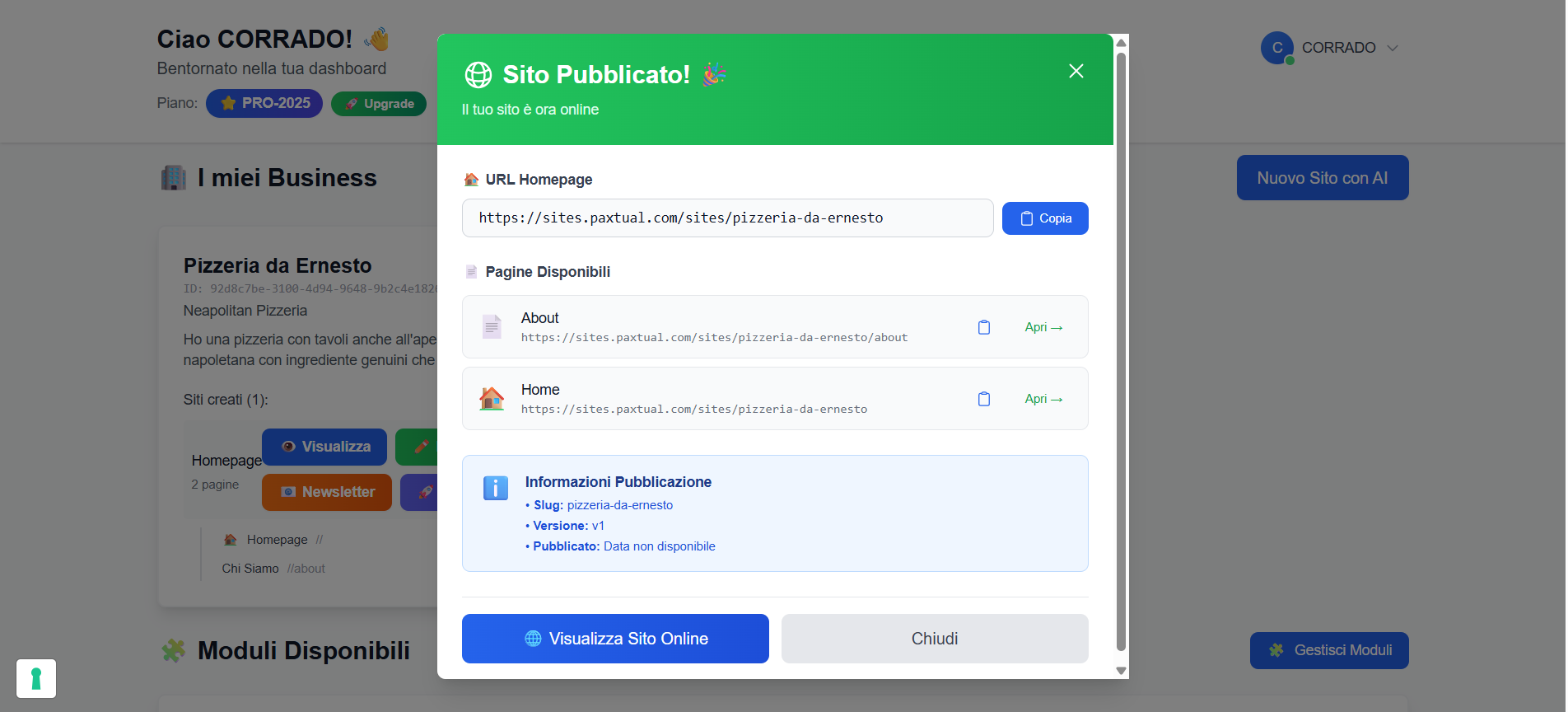 Conferma pubblicazione con URL del sito