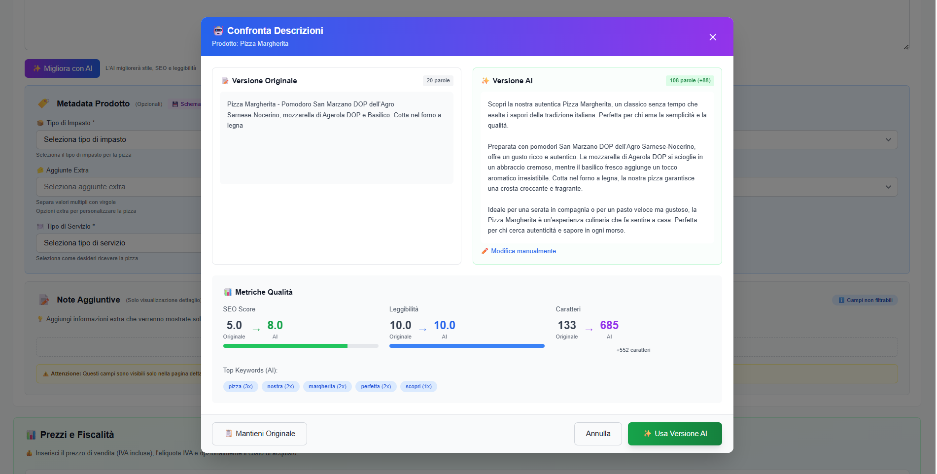 Confronto tra descrizione originale e versione migliorata dall'AI