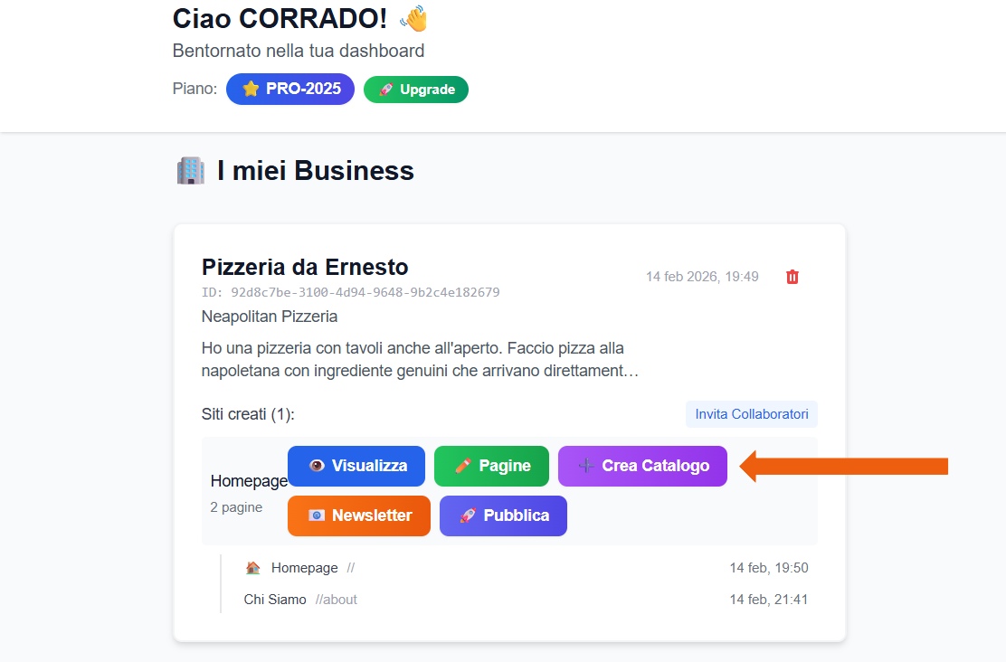 Pulsante Crea Catalogo nella dashboard