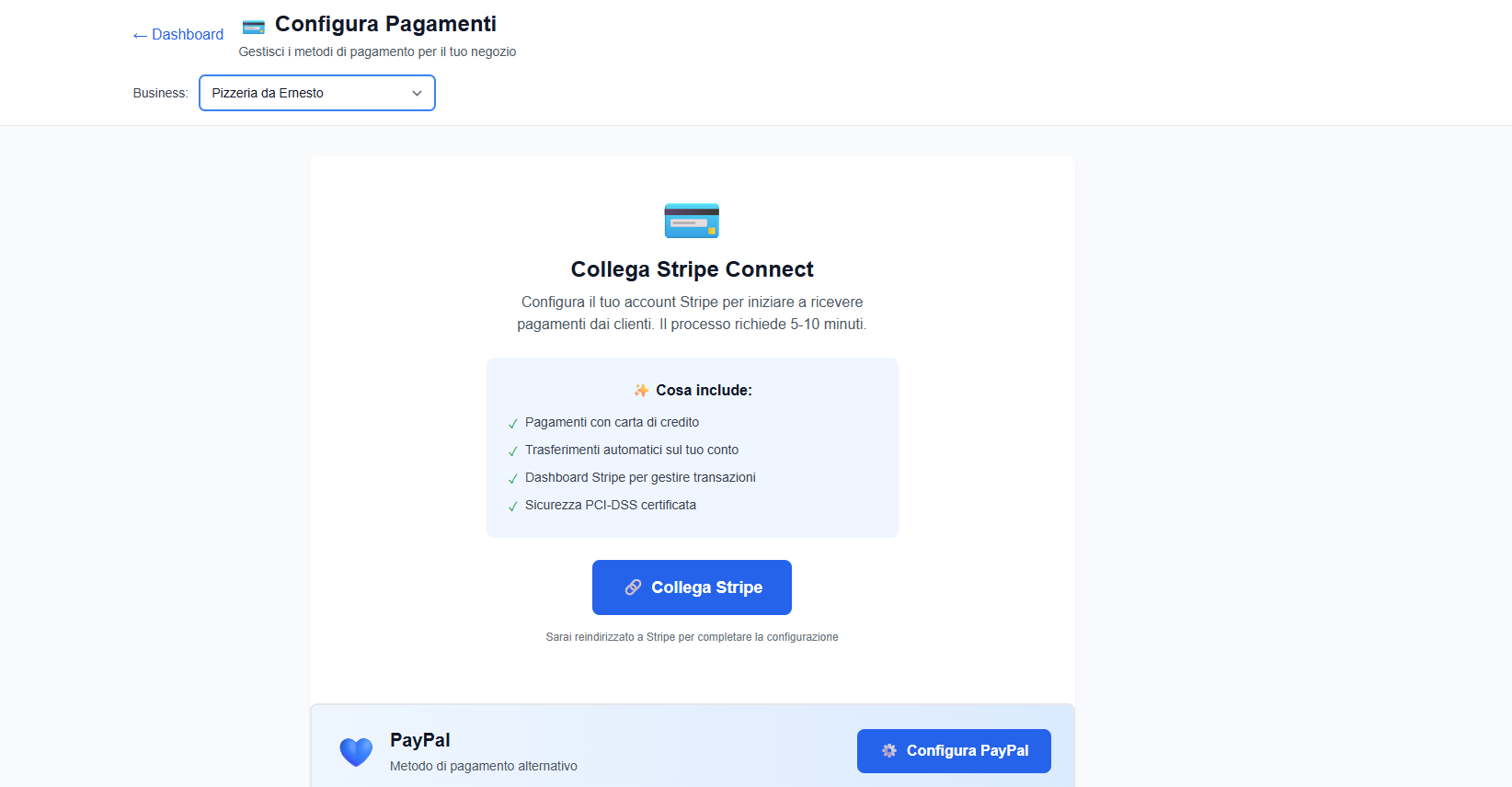 Pagina configurazione pagamenti