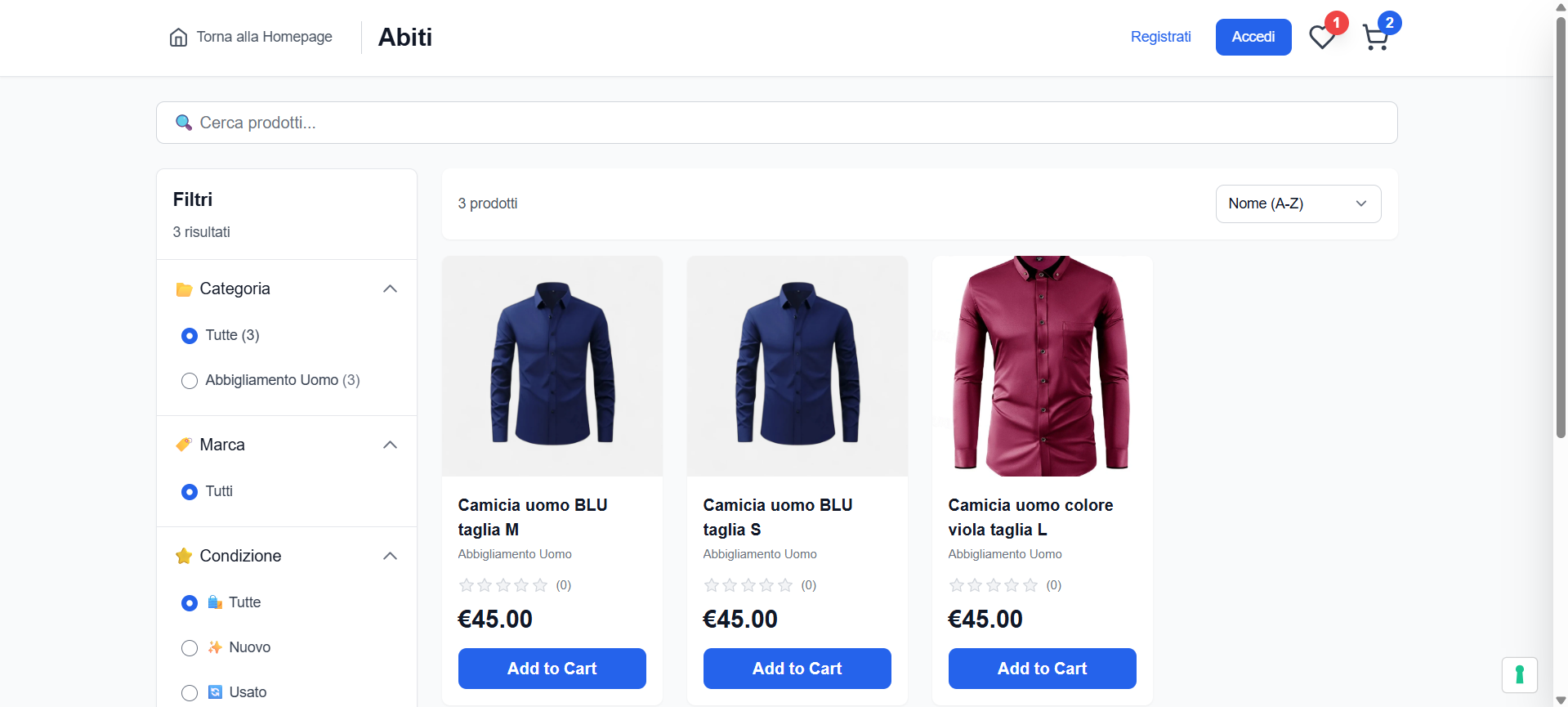 Catalogo e-commerce con filtri - Esempio sito generato da Paxtual