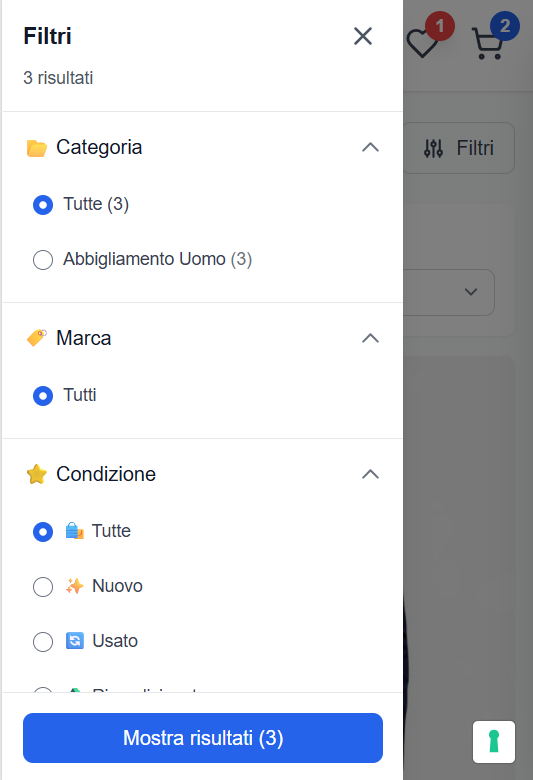 Filtri mobile responsive - Esempio sito generato da Paxtual